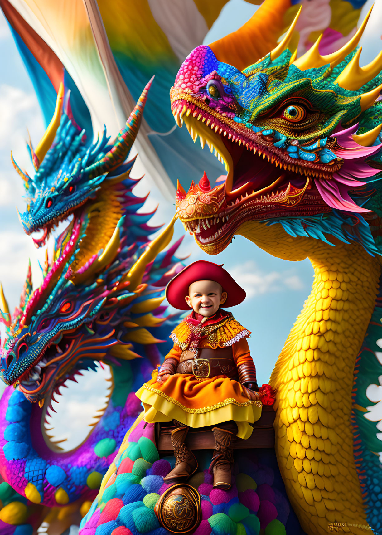 Child in Festive Dress Smiling on Colorful Statue with Mythical Dragon Figures