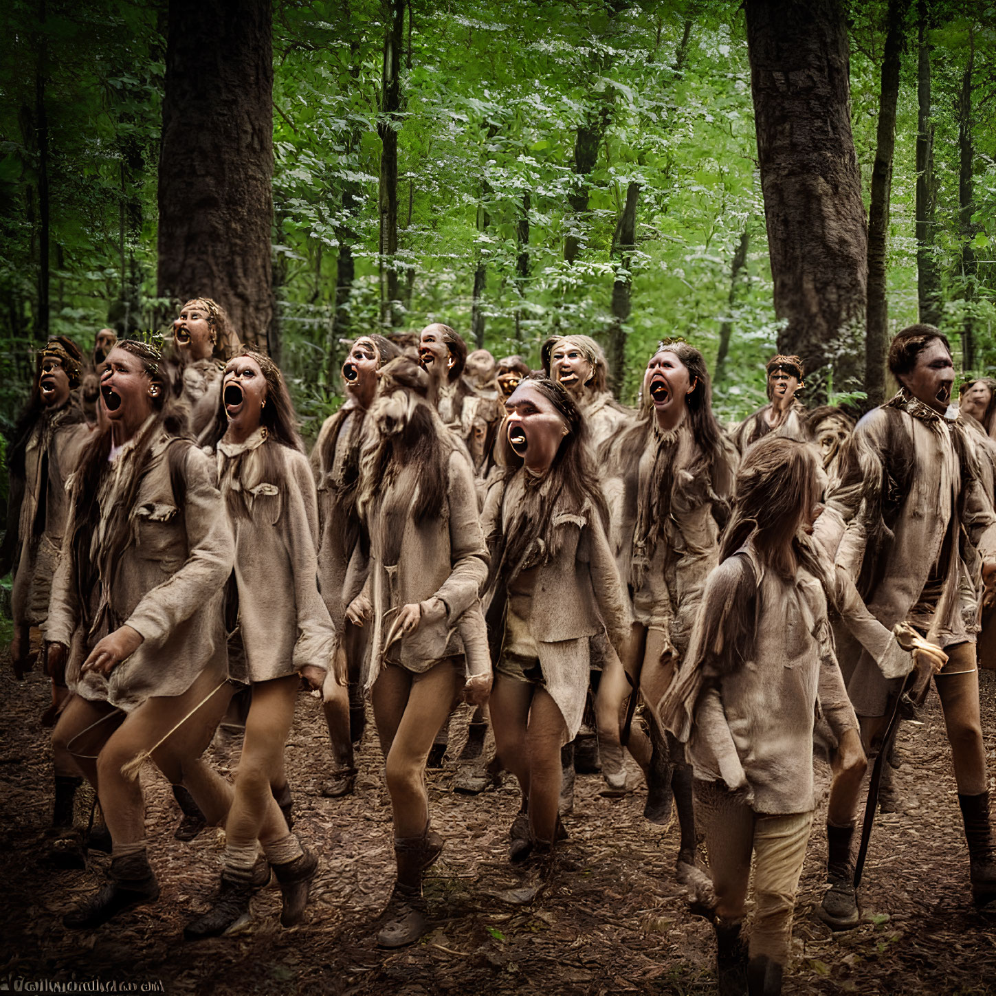 Group of people in forest wearing earth-toned clothing with mouths open in different poses