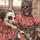 Two eerie clown costumes with skeletal makeup in foggy forest.