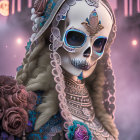 Skeletal figure with Day of the Dead makeup and gold patterns against mystical backdrop