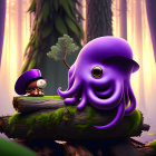 Colorful illustration of purple octopus with top hat in enchanted forest