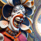 Detailed menacing clown with horns and sharp teeth in colorful costume against dark carnival backdrop