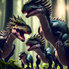 Three anthropomorphic velociraptors in suits with greenery atop their heads, conversing in a forest