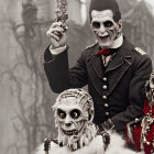 Two individuals in eerie clown makeup and elaborate costumes posing in front of blurred background.