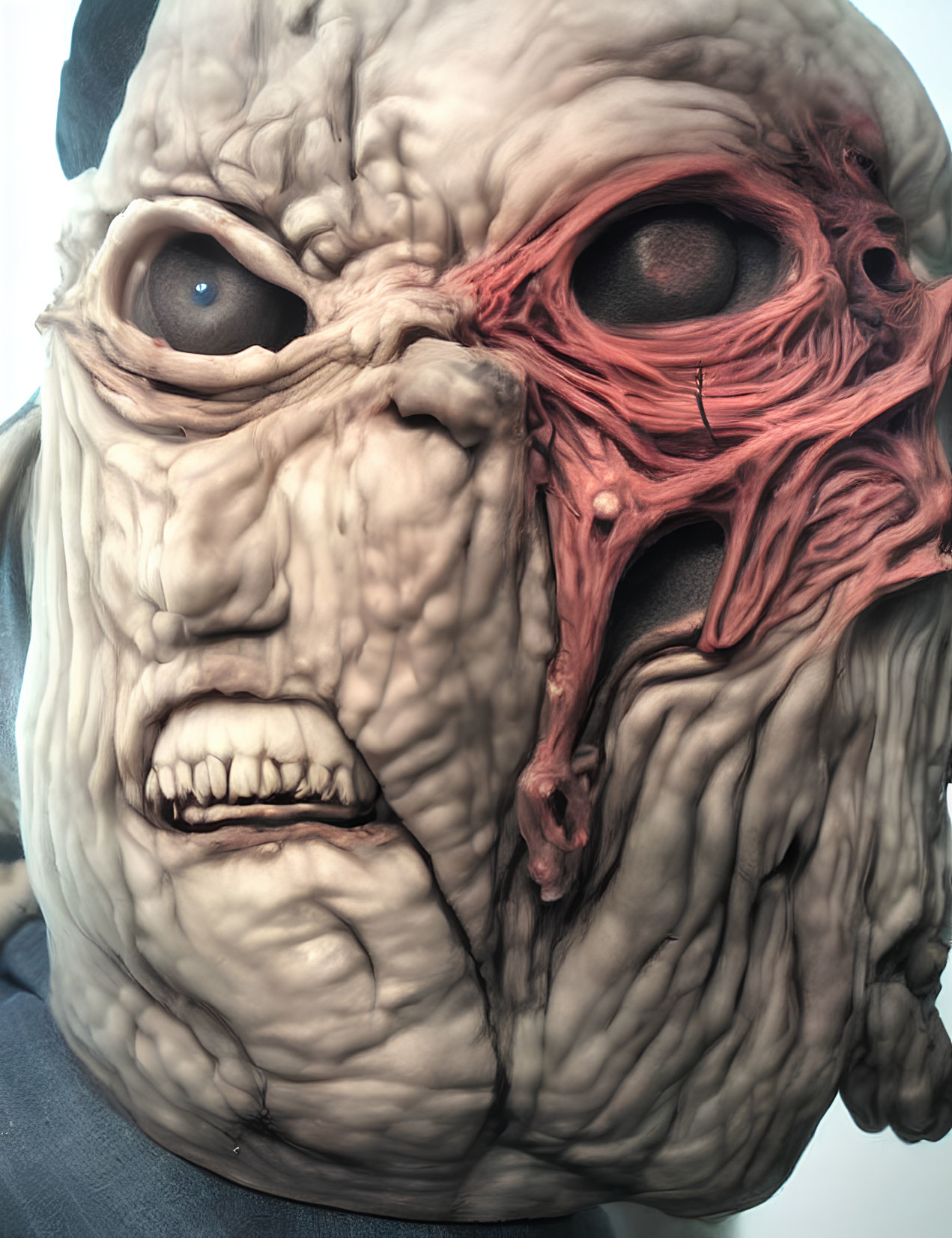 Detailed grotesque monster mask with asymmetrical features and bulging eye.