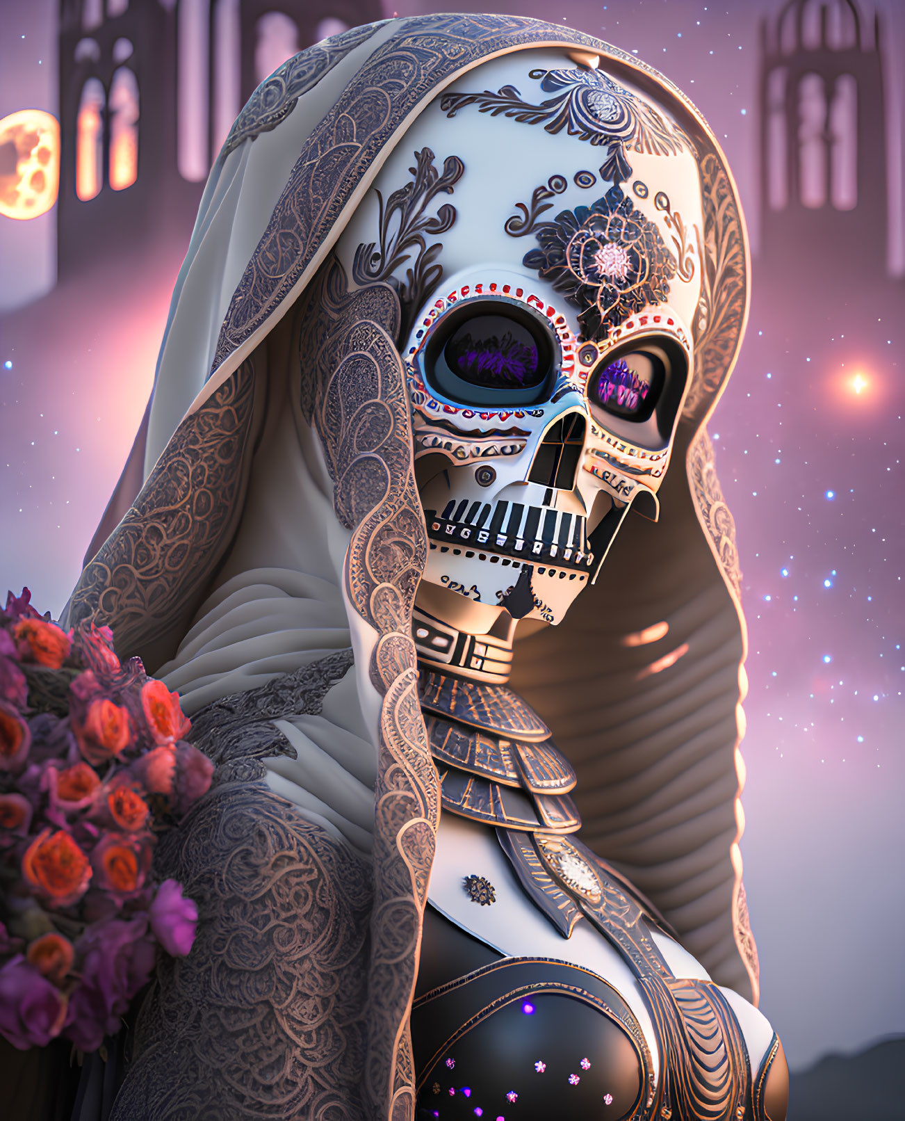 Skeletal figure with Day of the Dead makeup and gold patterns against mystical backdrop