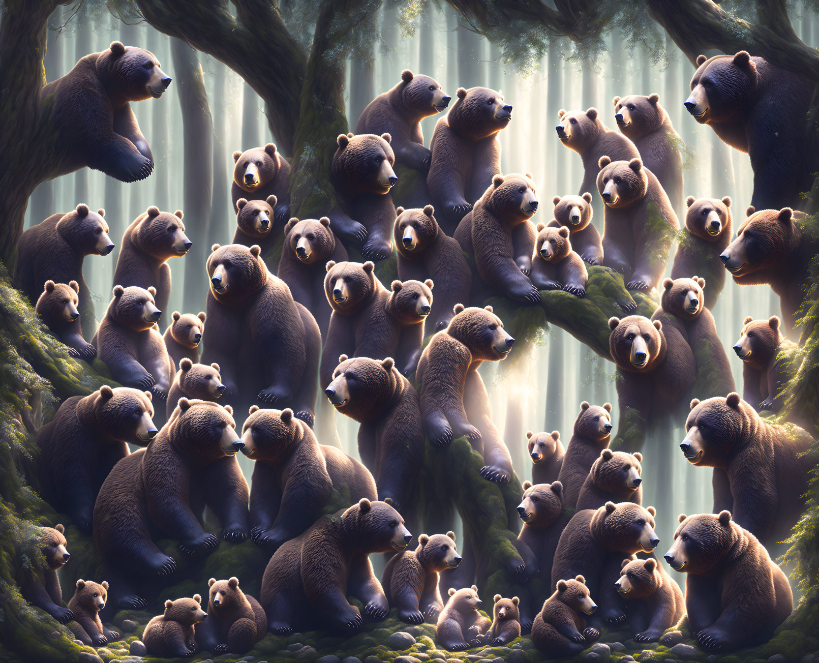 Realistic Brown Bears in Serene Enchanted Forest