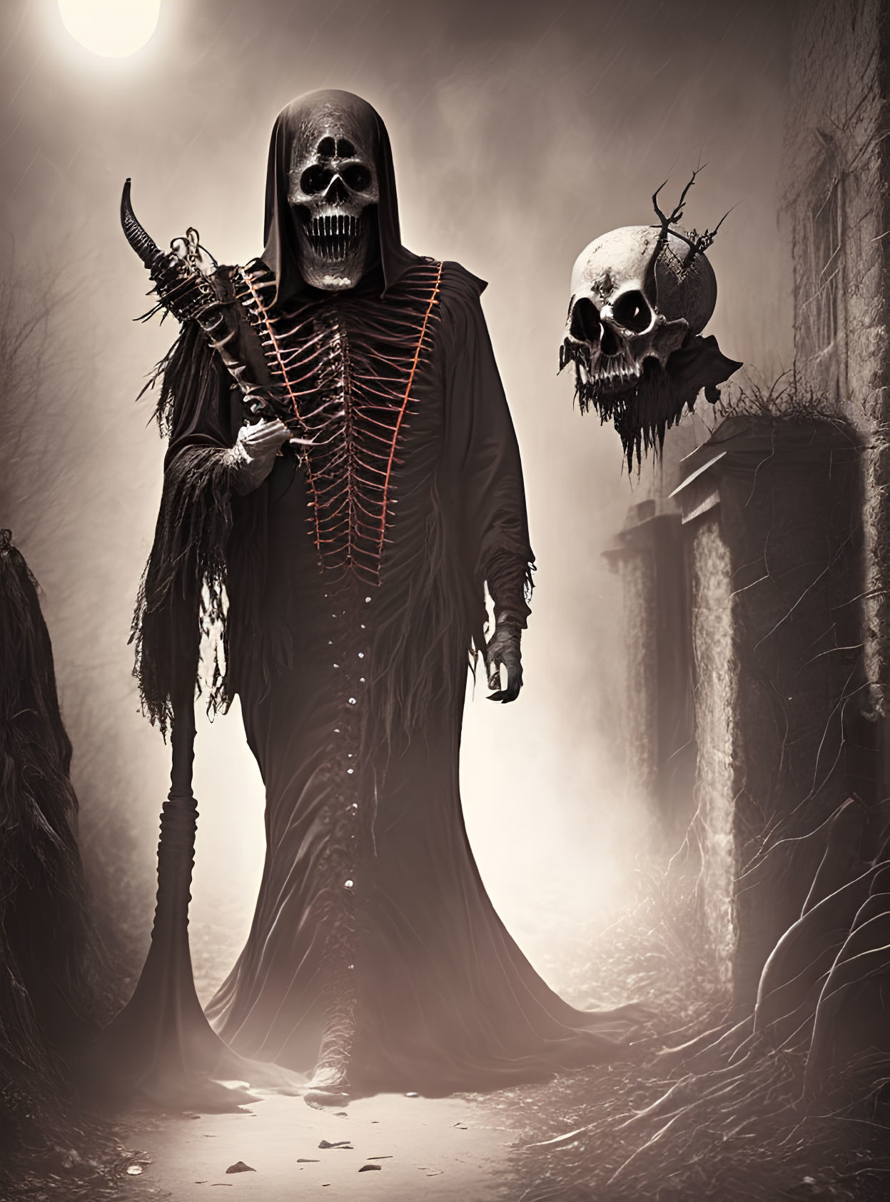 Skull-faced grim reaper with skeletal scepter in misty alley.