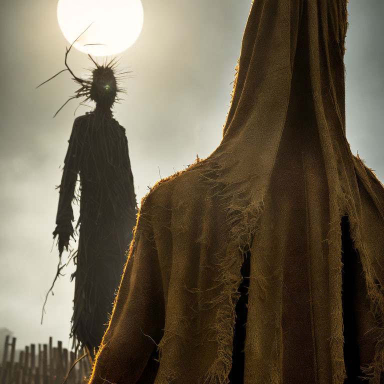 Person in rustic costume with twigs, silhouetted against dramatic sunset sky