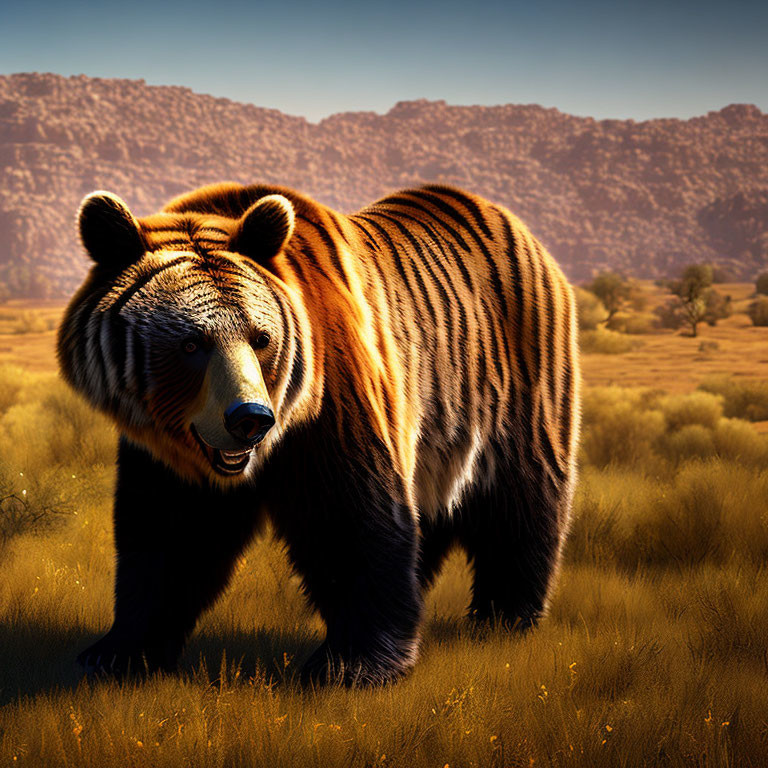 Striped bear in sunlit field with mountains - Wildlife art print.