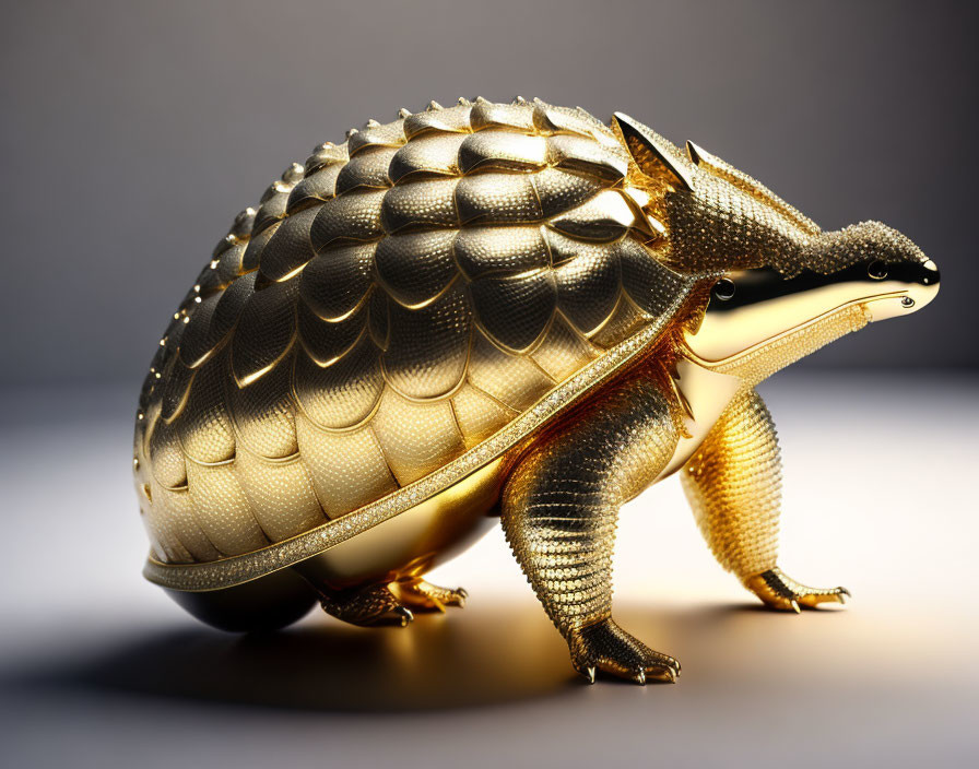 Shiny Gold Pangolin Sculpture with Detailed Scales on Gradient Background