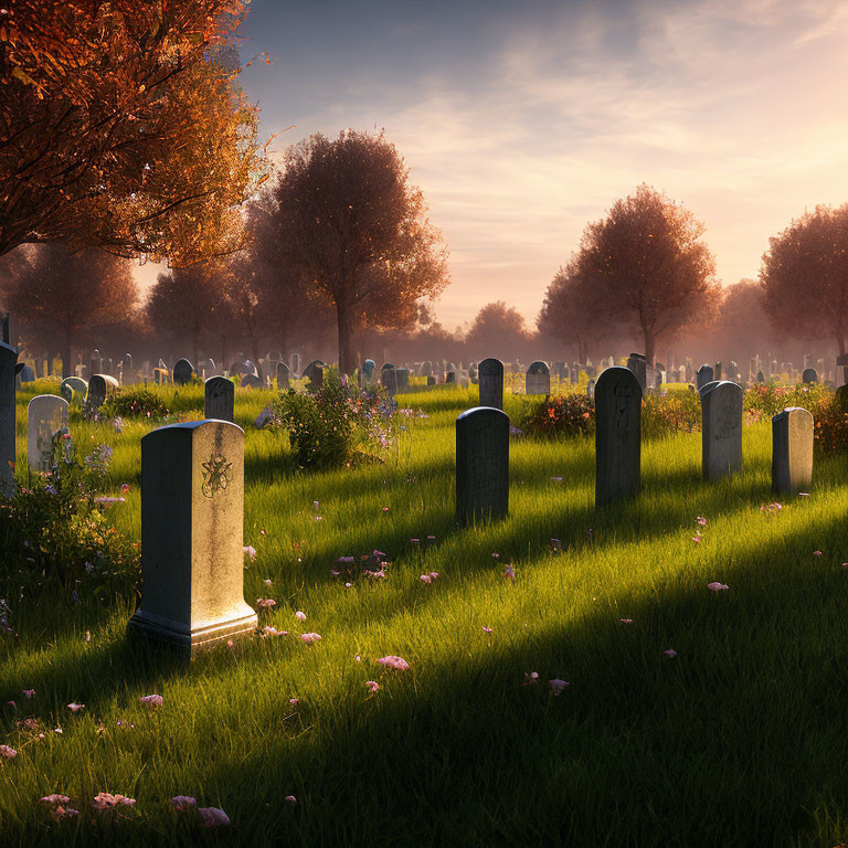 Peaceful cemetery at sunset with autumn trees and tombstones.