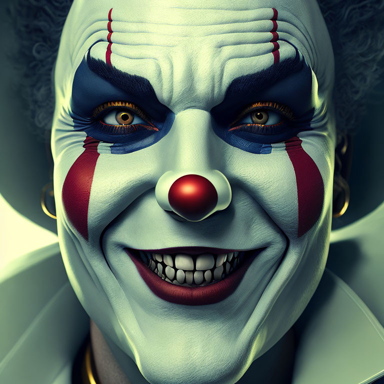 Detailed close-up of clown's white makeup, red nose, blue eye accents, big grin, yellow