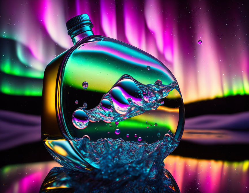 Colorful Liquid Splashing in Vibrant Flask with Aurora Lights