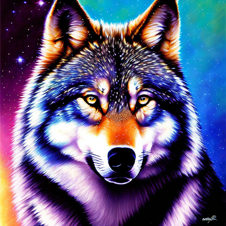 Colorful Wolf Portrait Against Starry Background in Purple, Blue, and Pink