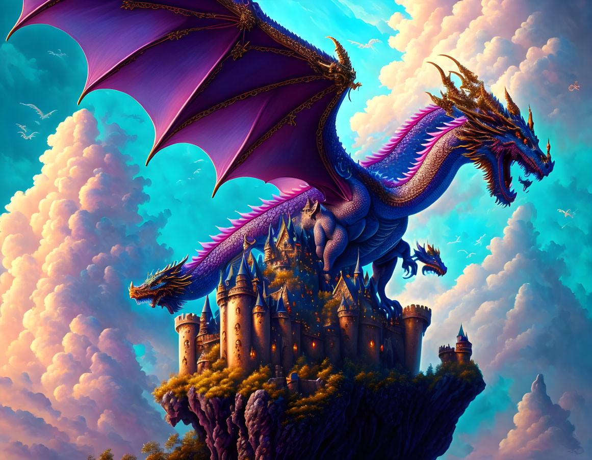 Purple dragon with wings soars over castle on rocky crag at sunset