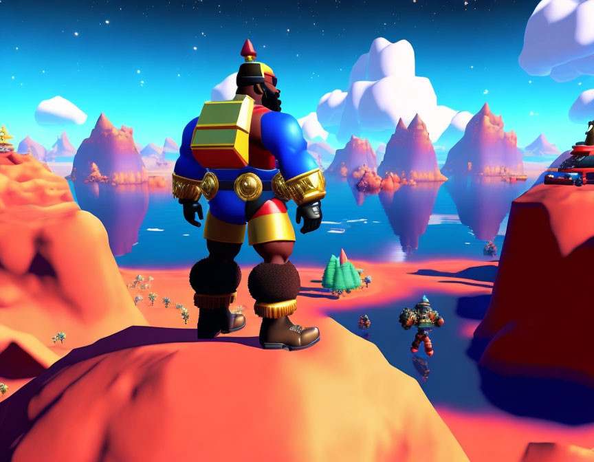 Character with backpack in vibrant alien landscape.