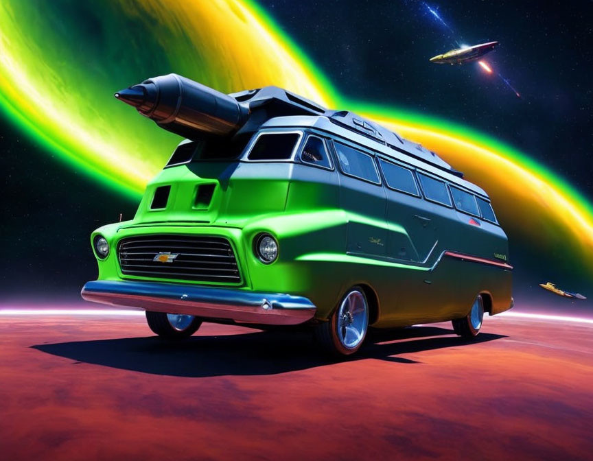 Green retro-futuristic camper van on red planet with rocket engines, northern lights, and spaceships