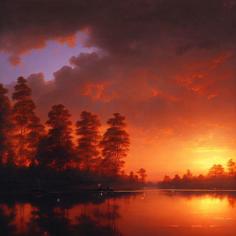 Tranquil sunset scene with fiery sky reflected on lake