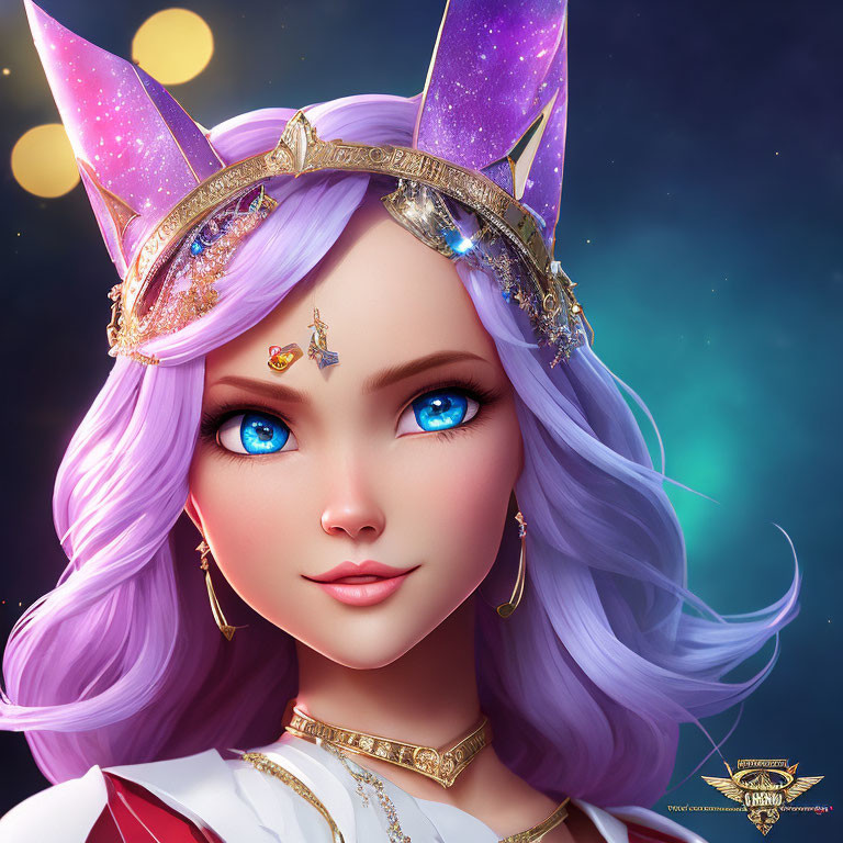 Fantasy character with purple hair and cosmic crown on starry background