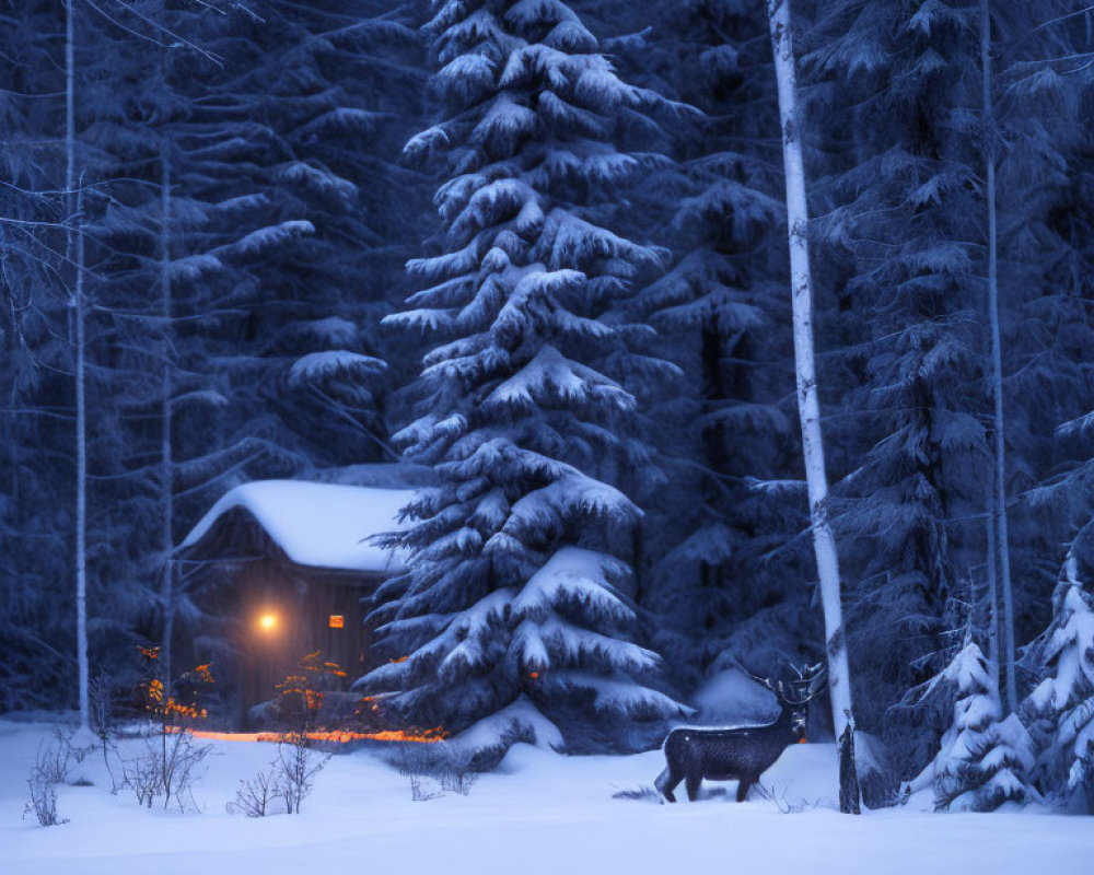 Winter Twilight Scene: Cozy Cabin, Snowy Trees, Reindeer