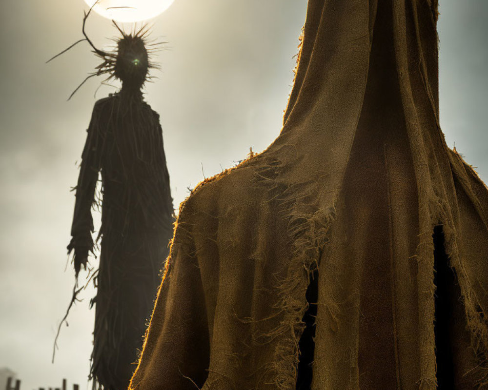 Person in rustic costume with twigs, silhouetted against dramatic sunset sky