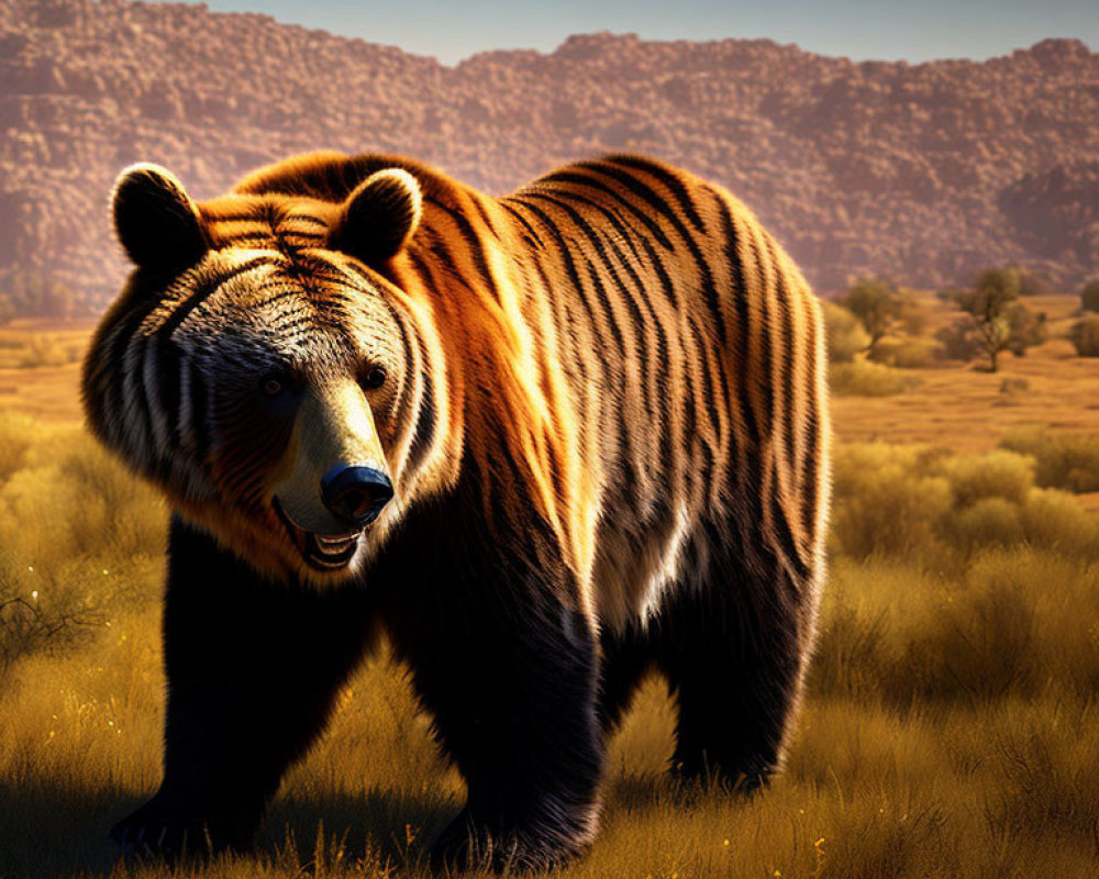 Striped bear in sunlit field with mountains - Wildlife art print.