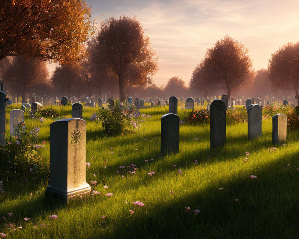 Peaceful cemetery at sunset with autumn trees and tombstones.