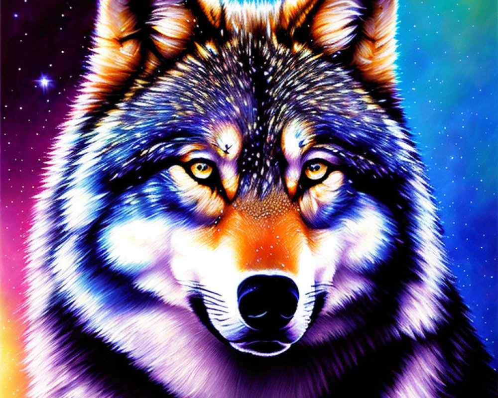 Colorful Wolf Portrait Against Starry Background in Purple, Blue, and Pink