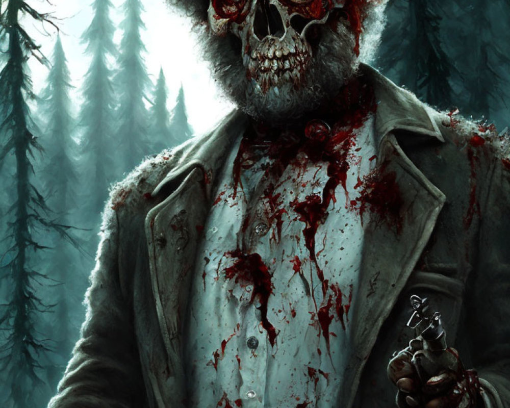 Creepy skull-faced clown with revolver in foggy forest.