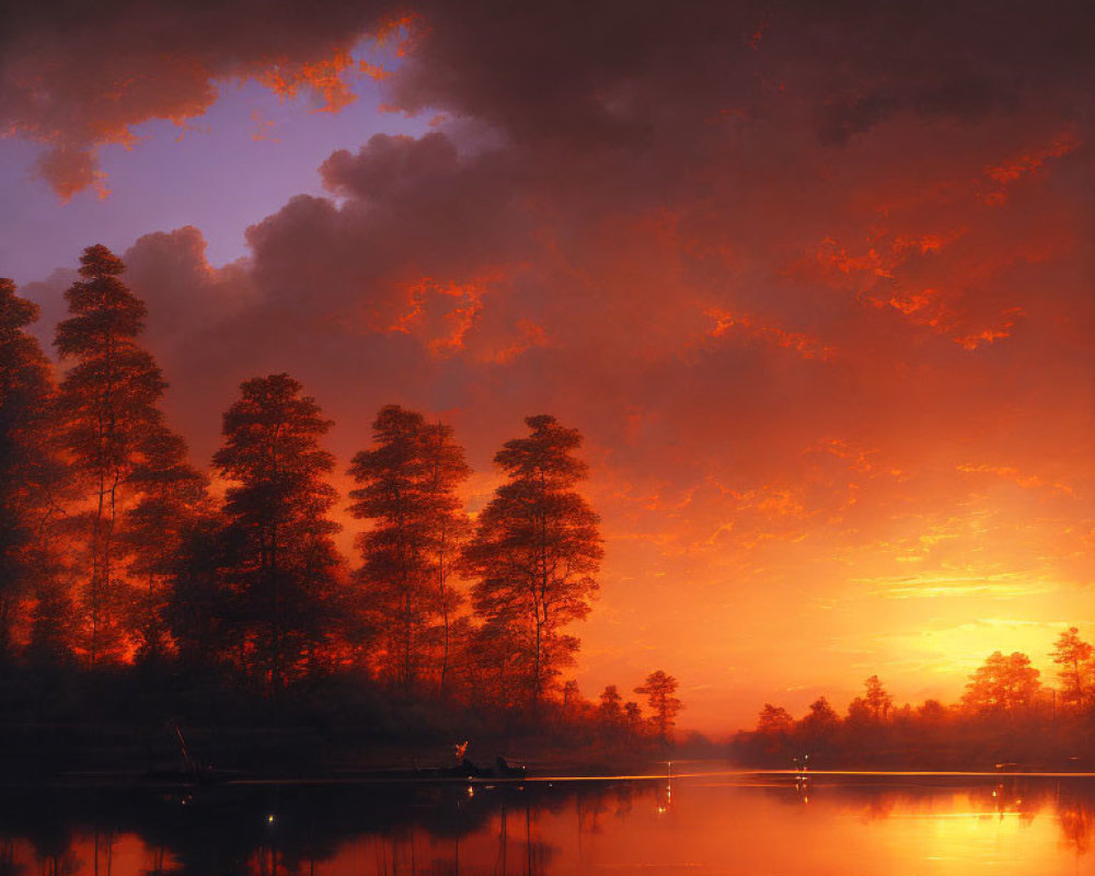 Tranquil sunset scene with fiery sky reflected on lake