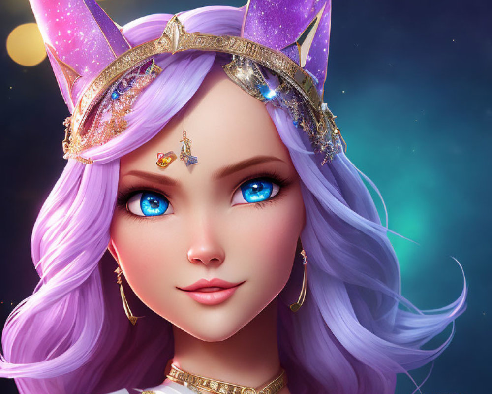 Fantasy character with purple hair and cosmic crown on starry background