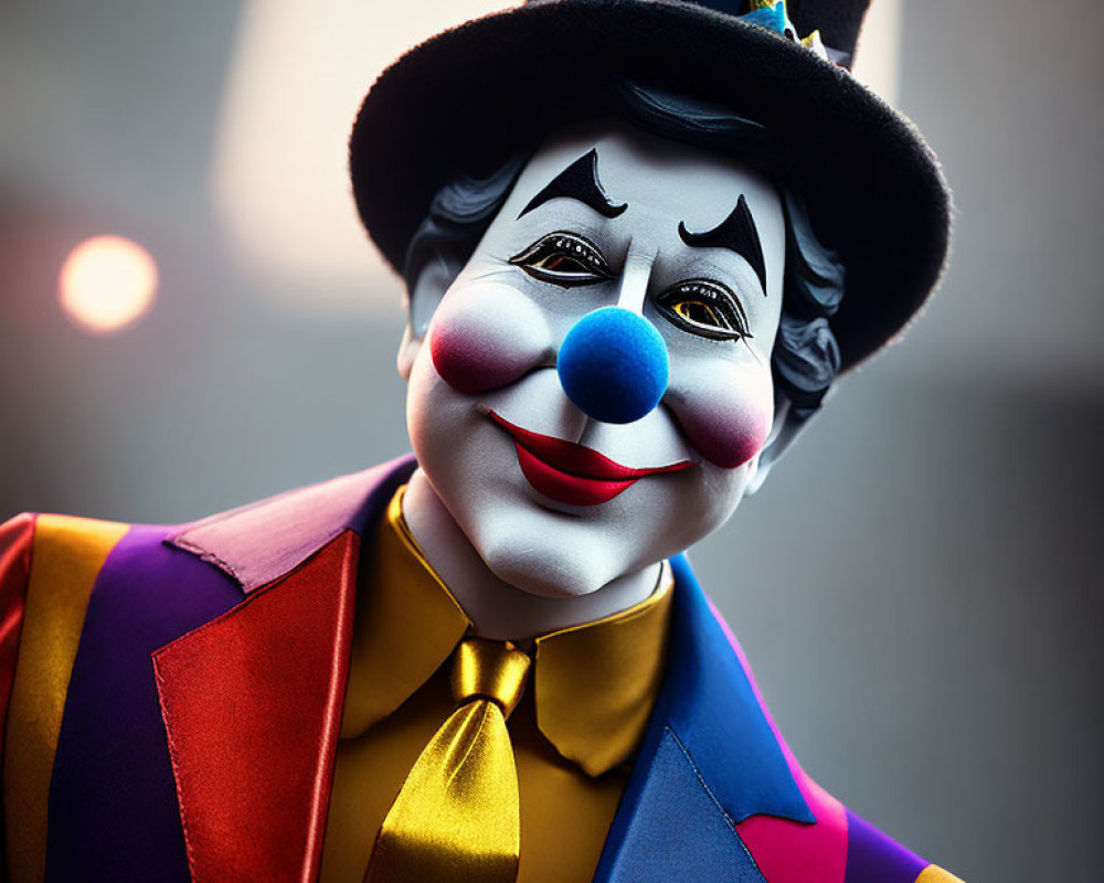 Colorful clown with big grin, top hat, and multicolored outfit