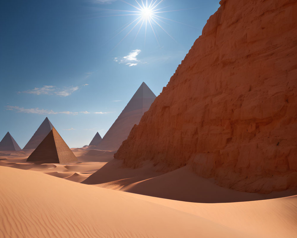 Bright sun over pyramids in desert with sand dunes and cliff.