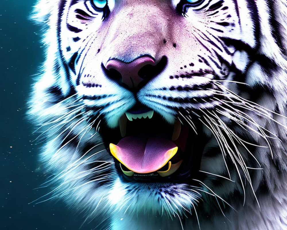 Detailed Digital Illustration of White Tiger with Blue Fur Roaring