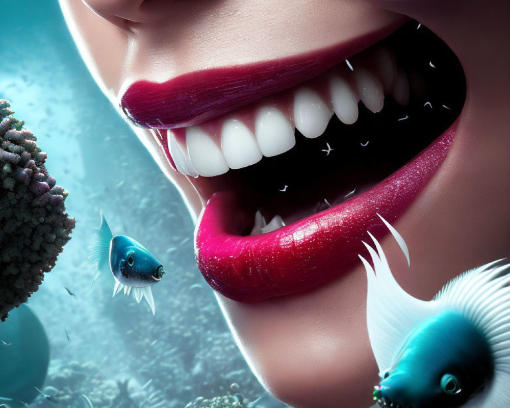 Detailed close-up illustration of smiling lips with lipstick amidst fantastical fish and underwater flora