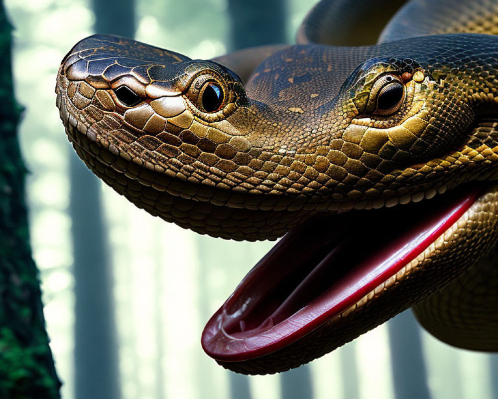 Brown snake with open mouth, forked tongue, and fangs in forest setting