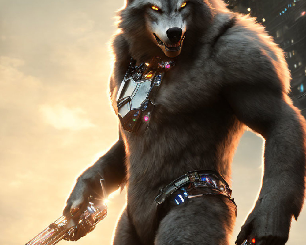 Futuristic anthropomorphic wolf with high-tech armor and weapons in urban setting