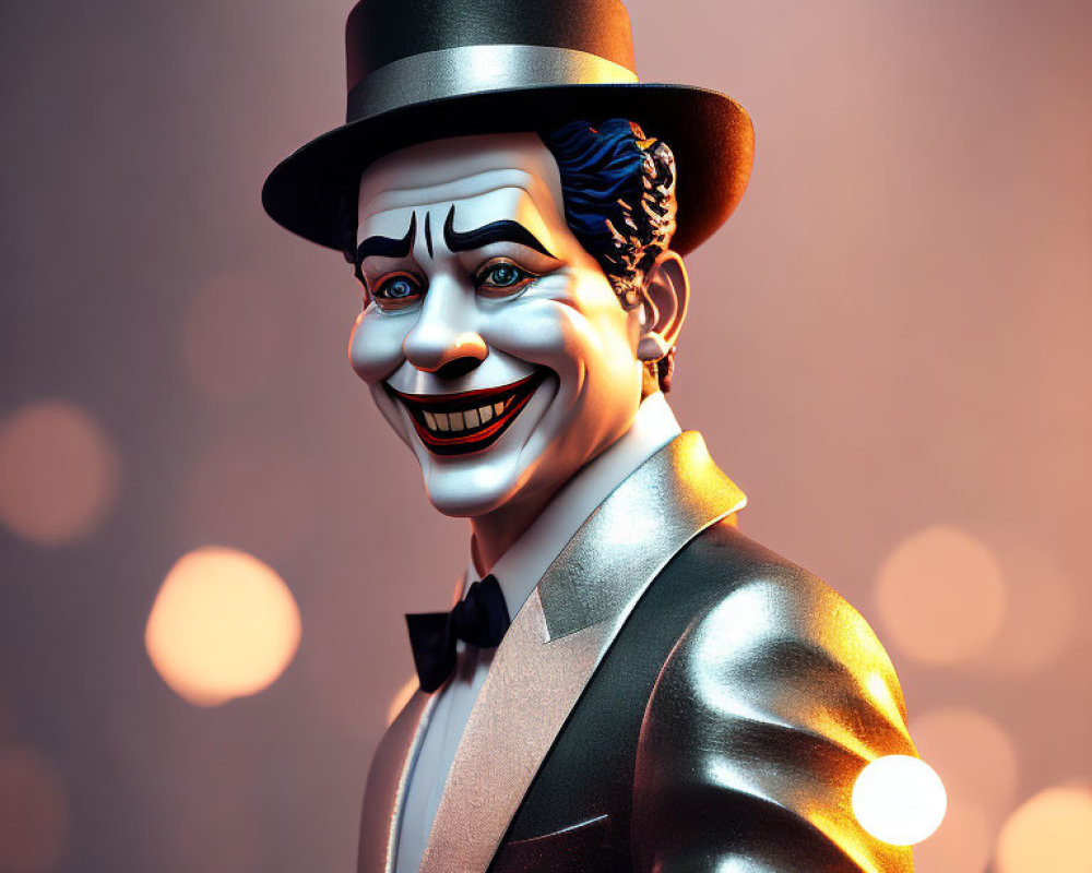 Stylized 3D illustration of Joker-like character in top hat and bowtie on warm bo