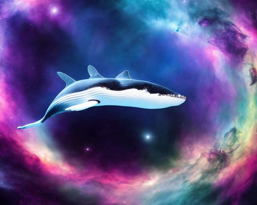 Orca on Colorful Cosmic Background with Nebulae and Stars