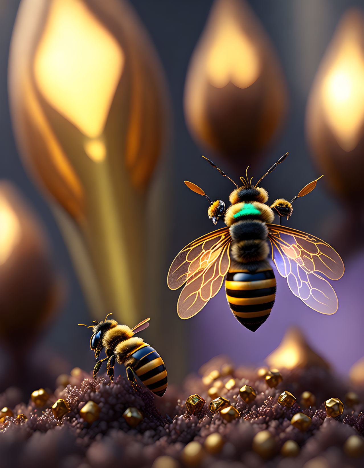 Vibrant bees over fantasy landscape with illuminated plants