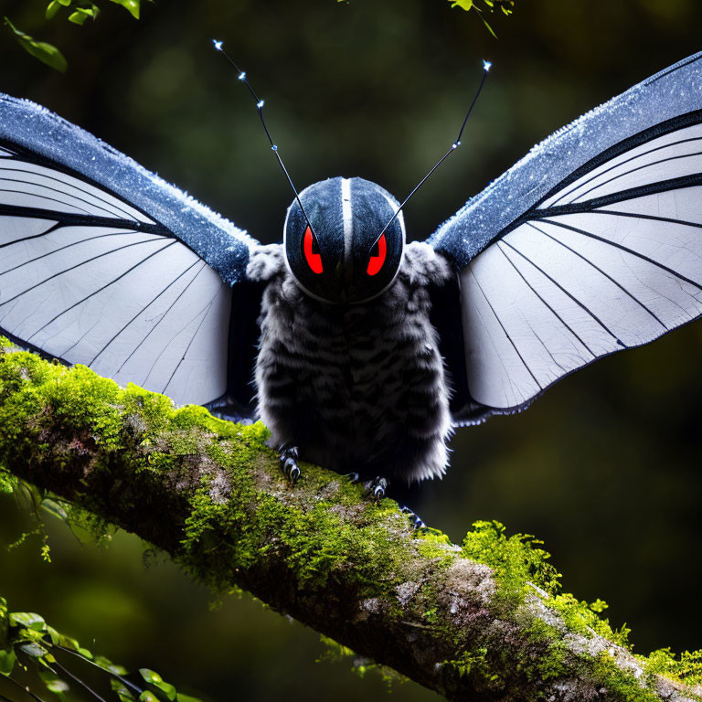 Red-eyed moth with blue-gray wings on mossy branch in forest.