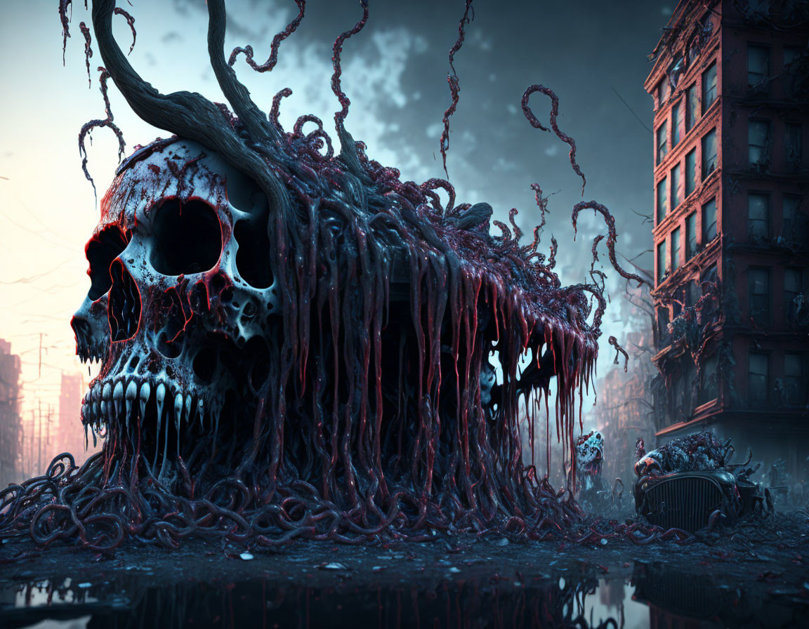 Gigantic skull with red tendrils in eerie cityscape