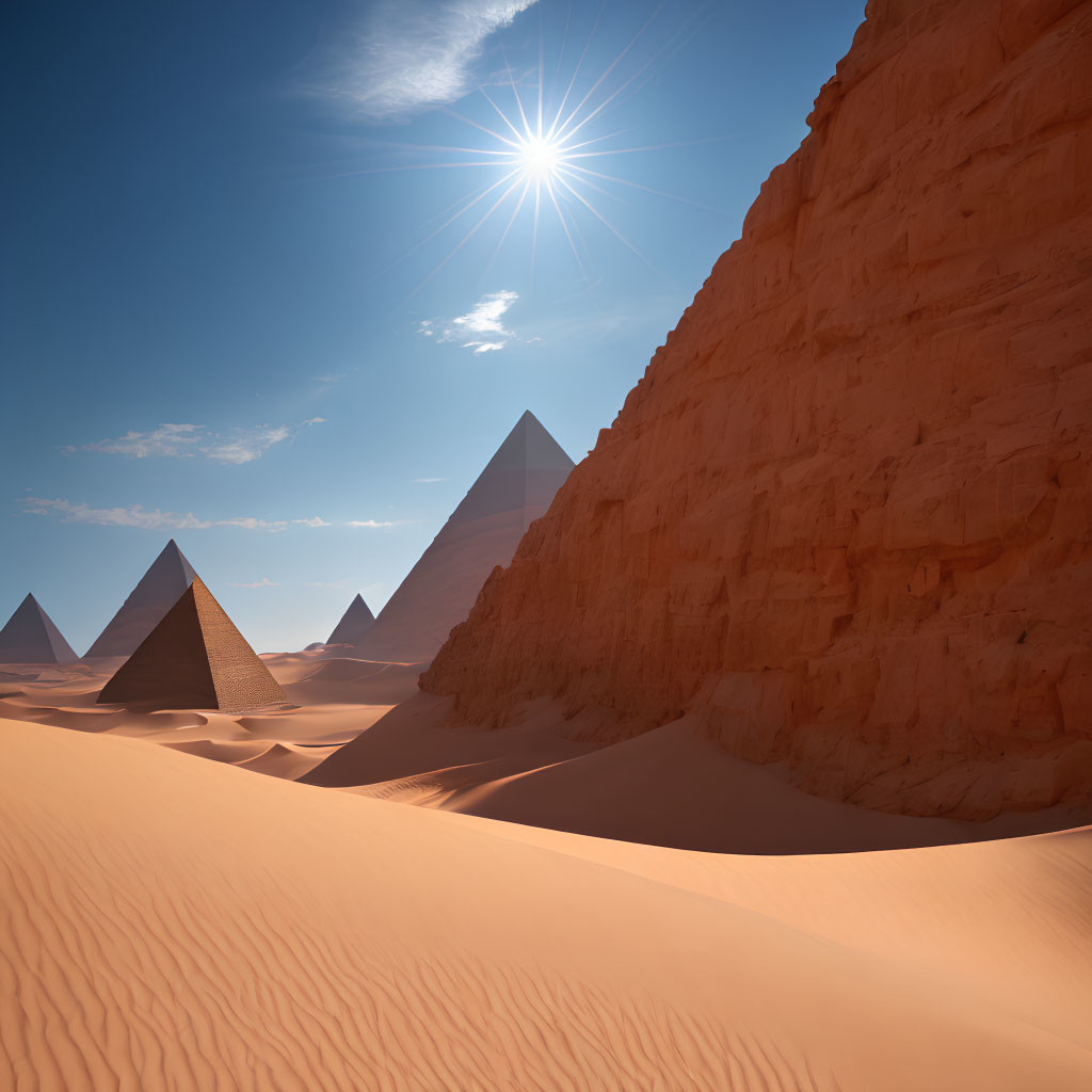 Bright sun over pyramids in desert with sand dunes and cliff.