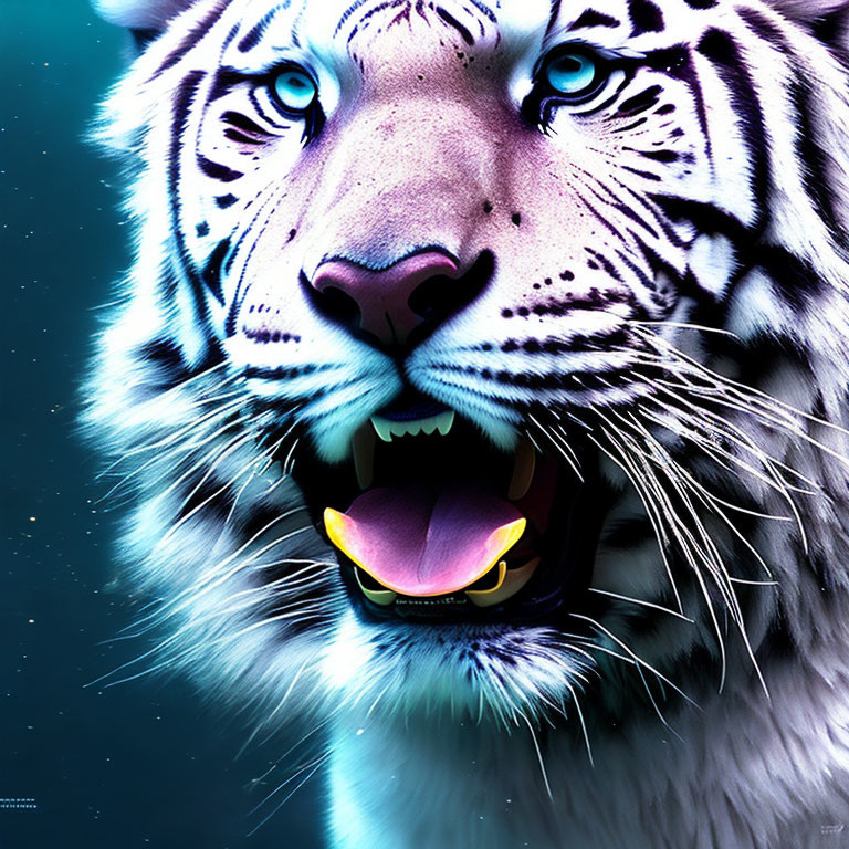 Detailed Digital Illustration of White Tiger with Blue Fur Roaring