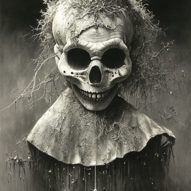 Monochrome close-up of person in skull clown mask on dark background