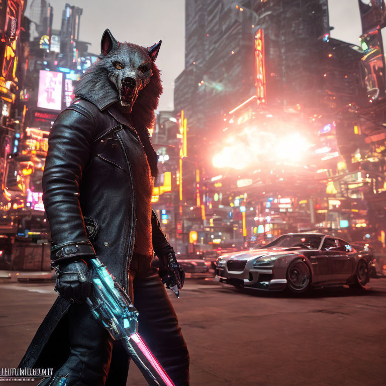 Wolf mask person with neon saber in urban street with car