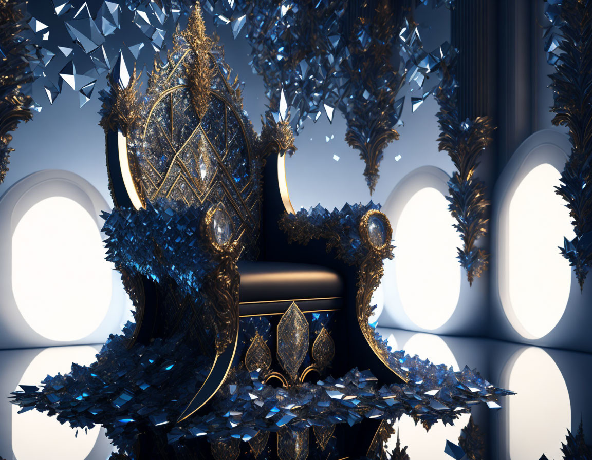 Ornate Gold-Accented Throne in Blue Crystal Environment