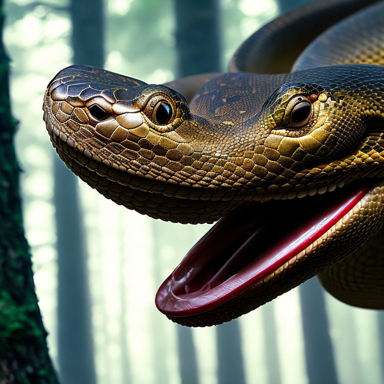 Brown snake with open mouth, forked tongue, and fangs in forest setting