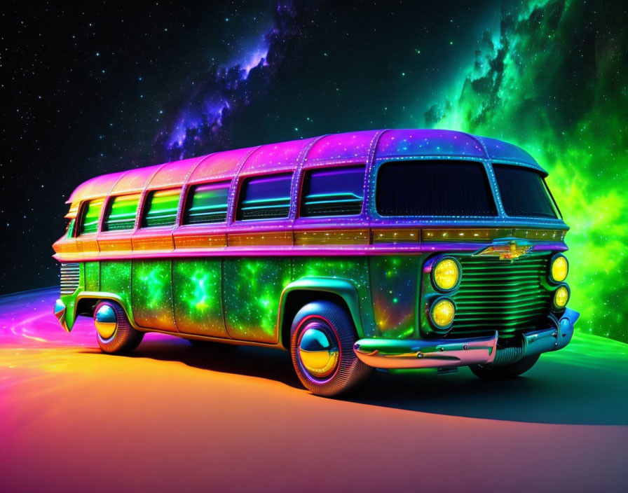 Colorful Vintage Bus with Cosmic Galaxy Paint Job Against Starry Space Sky